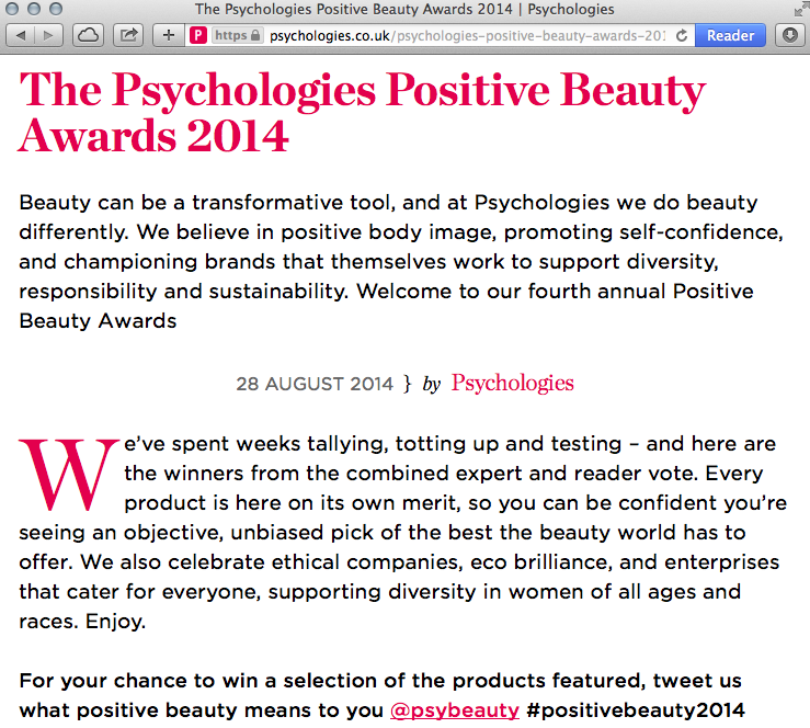 PSYCHOLOGIES – POSITIVE BEAUTY AWARDS 2014